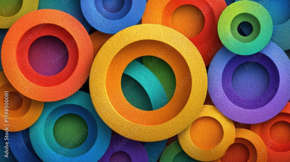 Poster bright, textured circles in various sizes and colors are arranged playfully, creating a dynamic visu