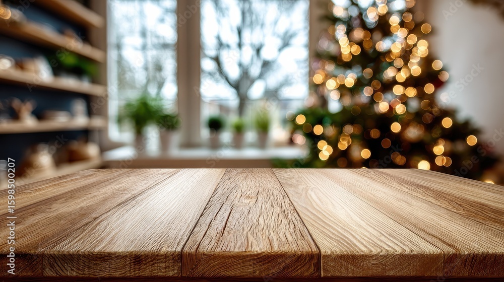 Poster a wooden table top on a blurred background of a christmas tree in the room. a new year's concept wit