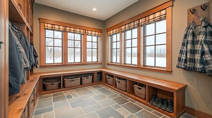 Elegant mudroom featuring handcrafted wooden lockers, cozy seating benches, and thoughtfully arranged shoe storage for an inviting home entrance.


