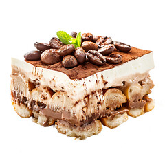 Layered Tiramisu Dessert with Coffee Beans and Mint Garnish
