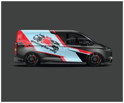 Customized Van with Abstract Graphics and Red Accents on a Dark Background