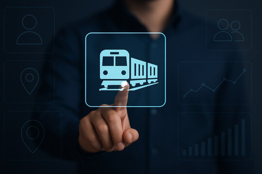 Man Touching Virtual Freight Train Icon on Transparent Digital Screen Interface with Transport Data Elements for Logistics and Technology Use