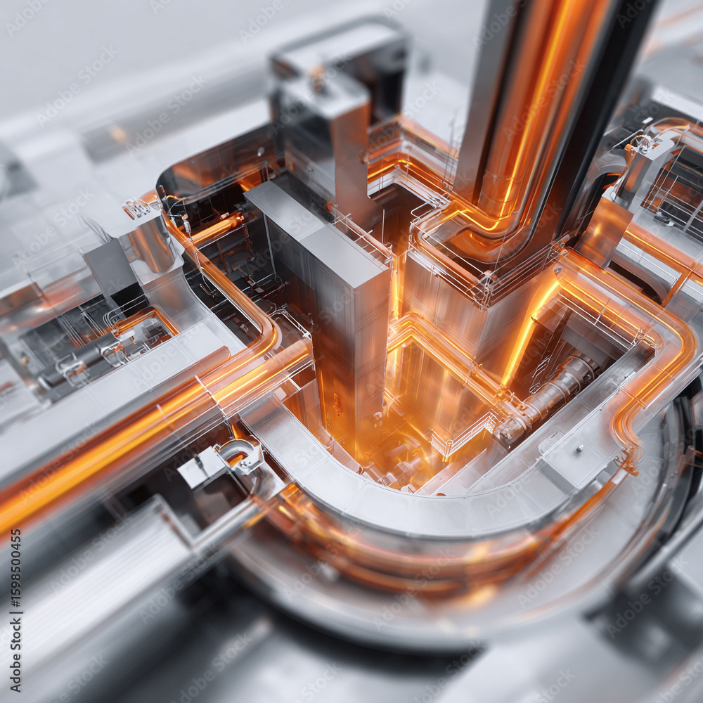 Poster abstract, hightech architecture with glowing pipes. conceptual visualization of complex systems, ene
