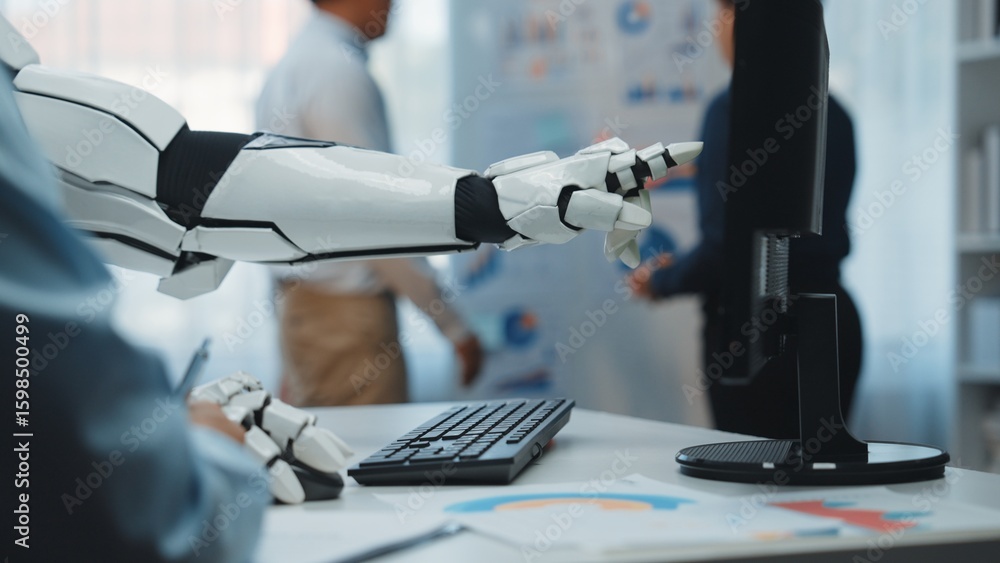 Poster a robotic arm extends towards a computer in a modern office, showcasing the integration of technolog