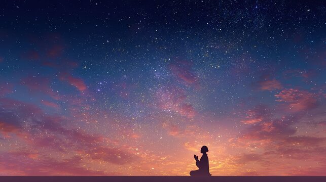 Faith-inspired serene wallpaper featuring a silhouetted figure in prayer, with a tranquil backdrop of a twilight sky, soft glowing stars and ample copy space for text.