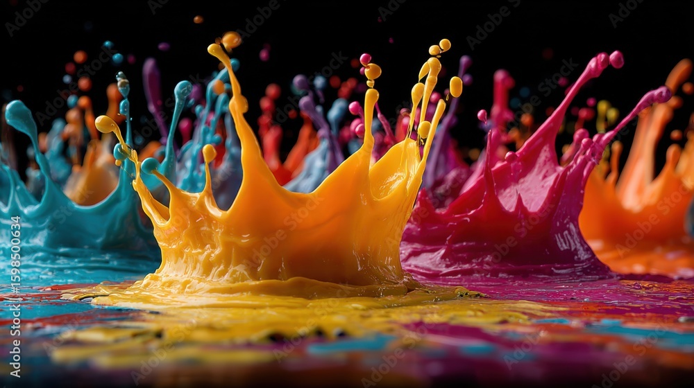 Poster dynamic and vivid splashes of paint in multiple colors create a lively scene. the paint bursts resem