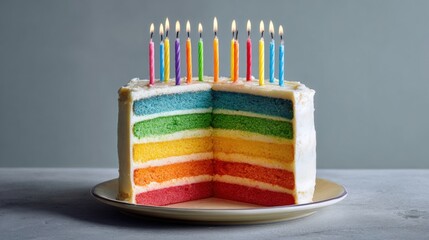 A vibrant layer cake featuring rainbow colors is displayed on a plate. Brightly colored candles stand tall on the cake, ready for a celebration. The indoor setting offers a warm, inviting atmosphere.