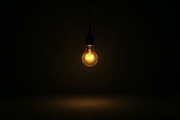 Single warm glowing edison filament light bulb hanging in darkness with soft light illuminating a textured surface below