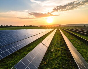 Aerial view of a solar farm generating solar energy.Solar panels park generating green energy electric at sunset.Green energy reduce carbon emissions and makes earth cleaner and more ecological