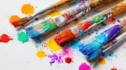 Fototapeta premium Various paint brushes are scattered over a white surface, covered in colorful paint splatters. The vibrant hues suggest an artistic project in progress, showcasing creativity and passion.