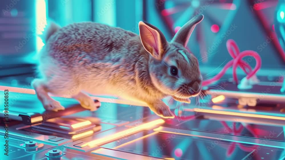 Poster a rabbit is running on a treadmill. the rabbit is small and brown. the image has a playful and light
