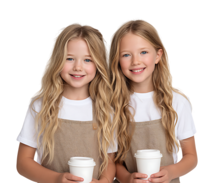 Twin girls with long blonde hair and matching outfits hold take-out coffee cups.