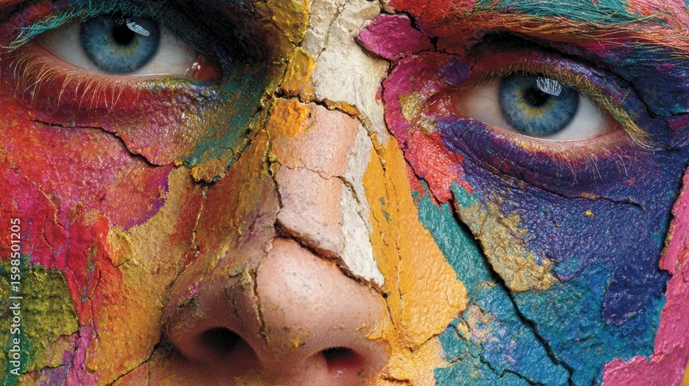 Poster bright colors blend across the face, creating a striking abstract design. the vibrant patterns captu