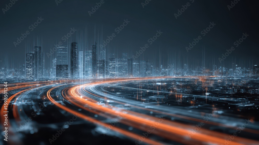 Poster digital tech roadmap for business progress. cityscape background with glowing lines representing dat