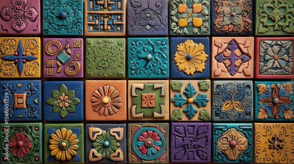 Poster various colorful tiles are organized in a grid pattern, each tile displaying intricate designs and t