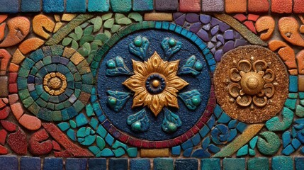 Obraz premium Intricate mosaic artwork showcases a blend of floral and geometric designs in bright colors. This stunning work features detailed patterns made from various materials, displayed in a public space.