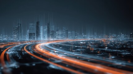 Digital tech roadmap for business progress. Cityscape background with glowing lines representing data flow. Modern tech integration. Organizational innovation visualized. Business modernization