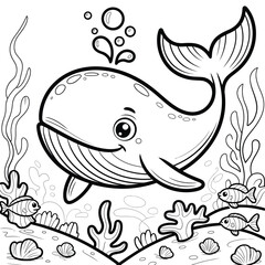 Cute cartoon whale with fish and seaweed underwater scene coloring page