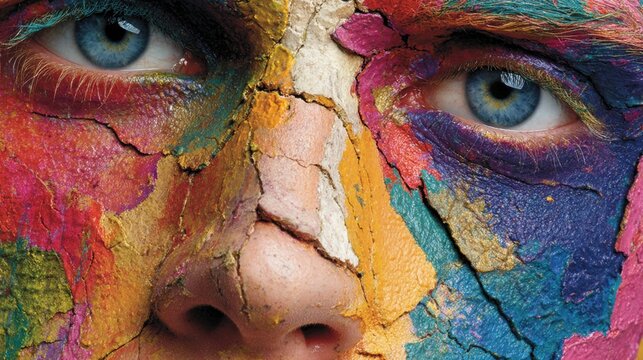 Bright colors blend across the face, creating a striking abstract design. The vibrant patterns capture artistic creativity and individuality, reflecting a unique form of self-expression.