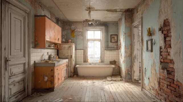 Bad apartment repair example. Old apartment with deteriorated old renovation, repairs needed.