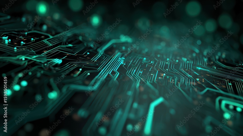 Poster abstract technology background featuring intricate circuit patterns and a blend of green and blue hu