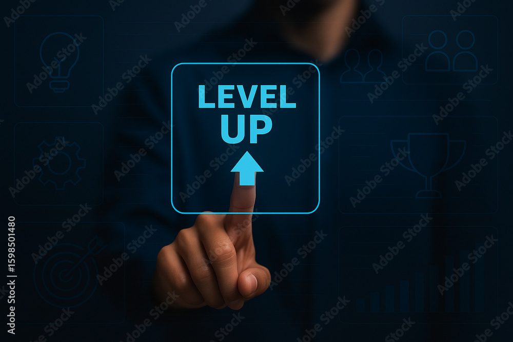 Poster professional futuristic interface with person tapping glowing level up icon, representing progress, 