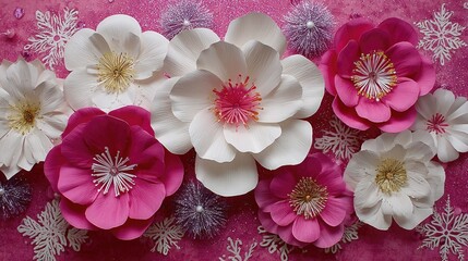 Pink and white paper flowers arranged on a pink background.