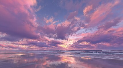 Pink sunset over a beach with water showcasing an atmospheric sky and vibrant clouds