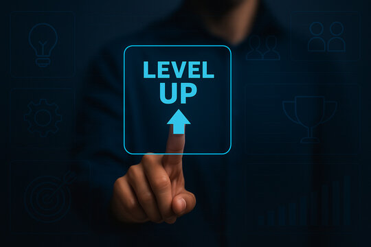 Professional futuristic interface with person tapping glowing level up icon, representing progress, innovation, growth, achievement, and digital technology concept - Powered by Adobe