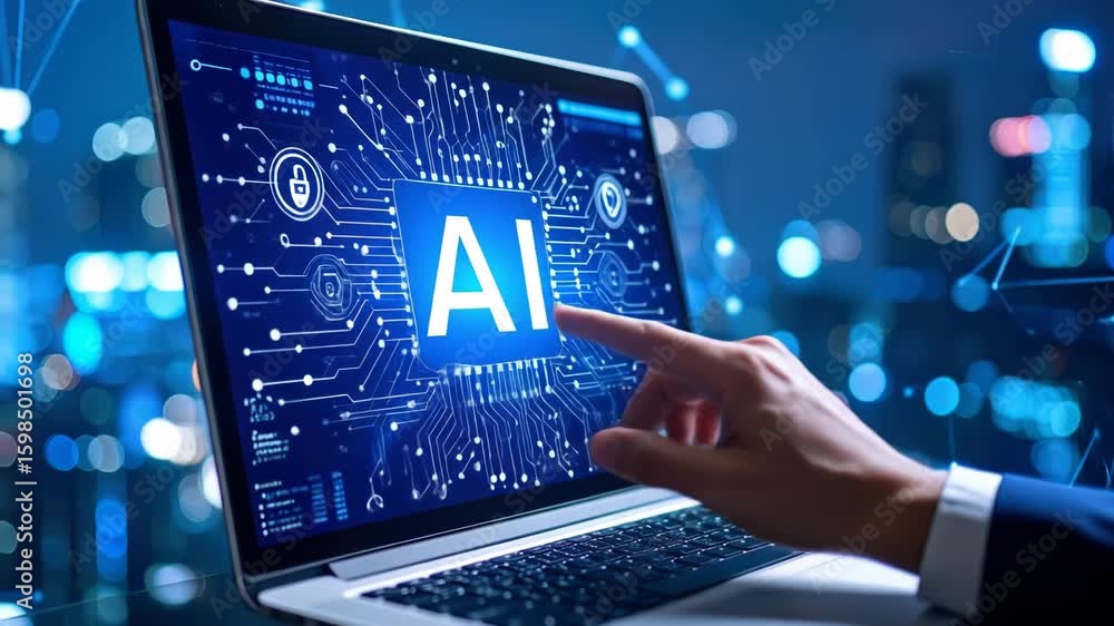 Aufkleber person touches laptop screen displaying artificial intelligence circuit design and digital network c