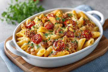 A white bowl of pasta with meat and cheese