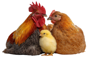 Rooster, hen, and chick huddle close.