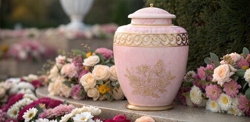 Cremation urn surrounded by flowers at memorial, pink cremation urn, featuring decorative patterns. Flowers and elegant urn symbolize mourning and remembrance. Cremation urn suitable for remembrance