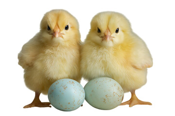 Fototapeta premium Two fluffy chicks and eggs