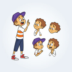 a character illustration of a boy with different facial expressions, wearing a purple cap
