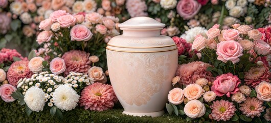 Pink funeral urn surrounded by flowers and roses as a symbol of remembrance and respect. Detailed funeral urn has elegant gold trim, nestled among pastel dahlias and baby's breath in full bloom.