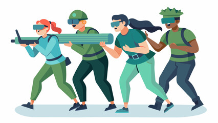 A group of participants in VR fitness gear are working together to carry a virtual log across a virtual battlefield simulating a militaryinspired. Vector illustration