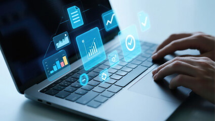A close-up of a person typing on a laptop keyboard with futuristic digital data files and charts floating above the screen.  Concept of digital transformation, cloud computing, and data management.
