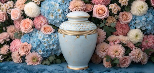 Elegant urn on floral display with pink roses and blue hydrangeas, gentle light. This decorative urn adds solemn presence among soft pastel flowers, including peach roses and white chrysanthemums.