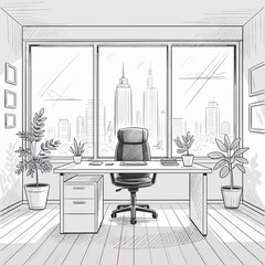 Modern office interior sketch with city view