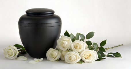 Mourning, a funeral urn with white roses conveying sympathy, loss, and sorrow. Funeral urn is placed among delicate floral arrangements, symbolizing condolences and respect.