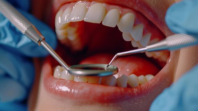 A dentist is cleaning a patient's teeth with a mirror and a pair of dental tools. The patient's mouth is open, and the dentist is focused on the task at hand. Concept of professionalism and care