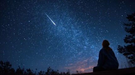 woman looking at the night sky wishing upon a falling star