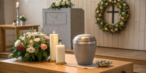 Funeral service with urn, burning candles, and flower arrangement arranged on table, quiet scene. Funeral service represents memory and farewells during a difficult time of grief and loss.
