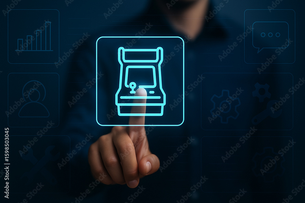 Poster futuristic hand interacting with digital retro arcade machine interface icon, modern virtual touchsc