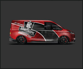 Red Construction Van with Company Branding and Sleek Design on Dark Background © MdAbdullah