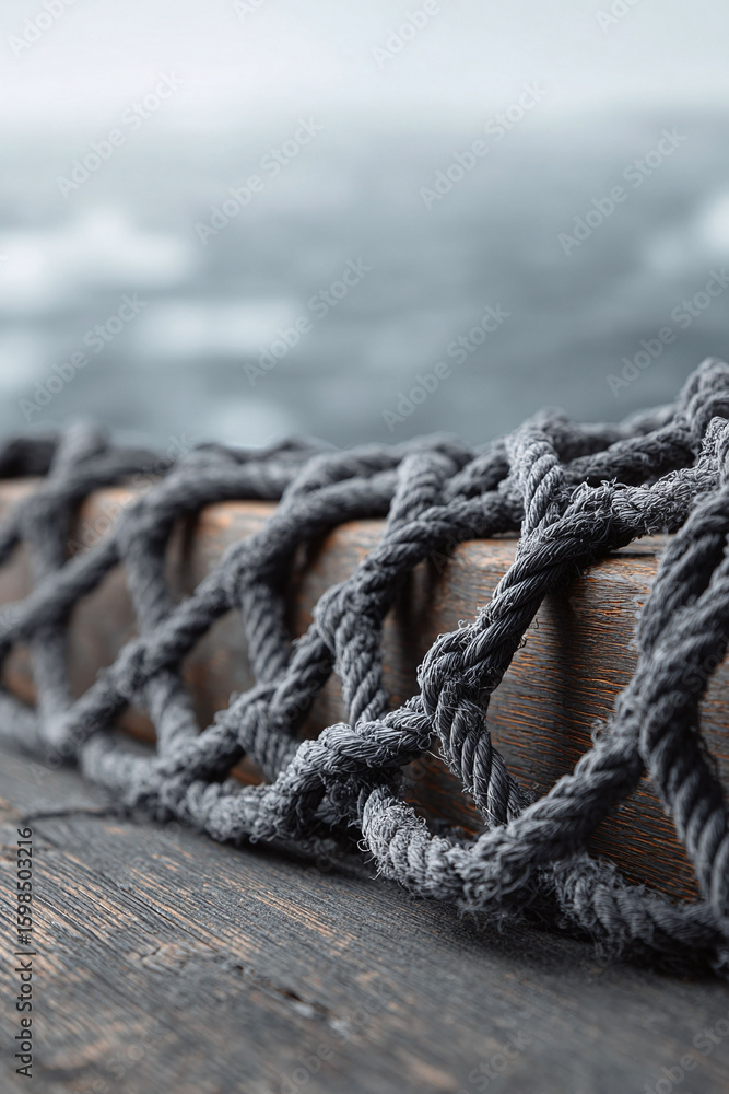 Poster monochrome image of a textured rope net on weathered wood, evoking maritime themes and rustic charm.