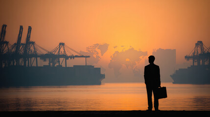 Businessman contemplates global trade barriers against backdrop of shipping containers and cranes sunset, evoking sense of opportunity