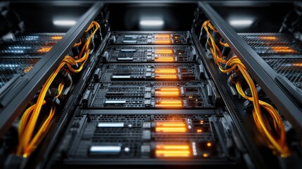 High performance data servers. Ultra high performance servers in data center rack, operating at full load with stability and optimum processing power. Glowing hardware and cables