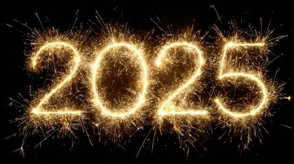 Gold sparkler firework text with 2025 number text caption on night sky black